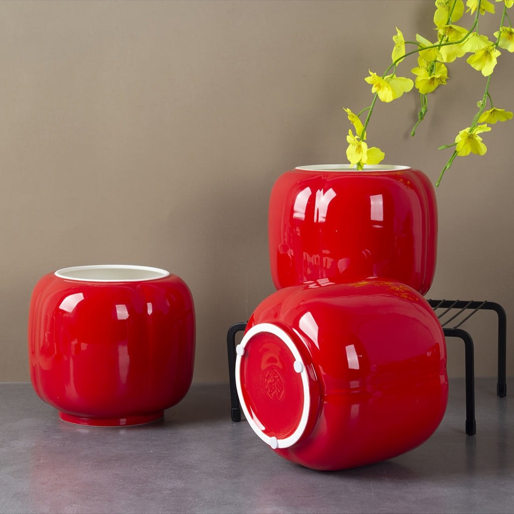 Cache-pot céramique rouge brillant Ø 17 cm forme lanterne