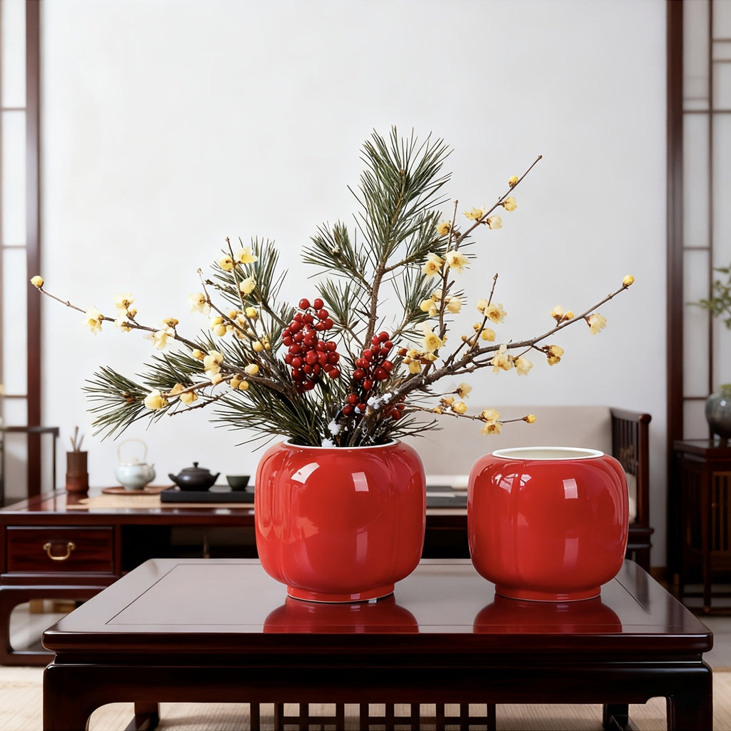 Cache-pot céramique rouge brillant Ø 17 cm forme lanterne
