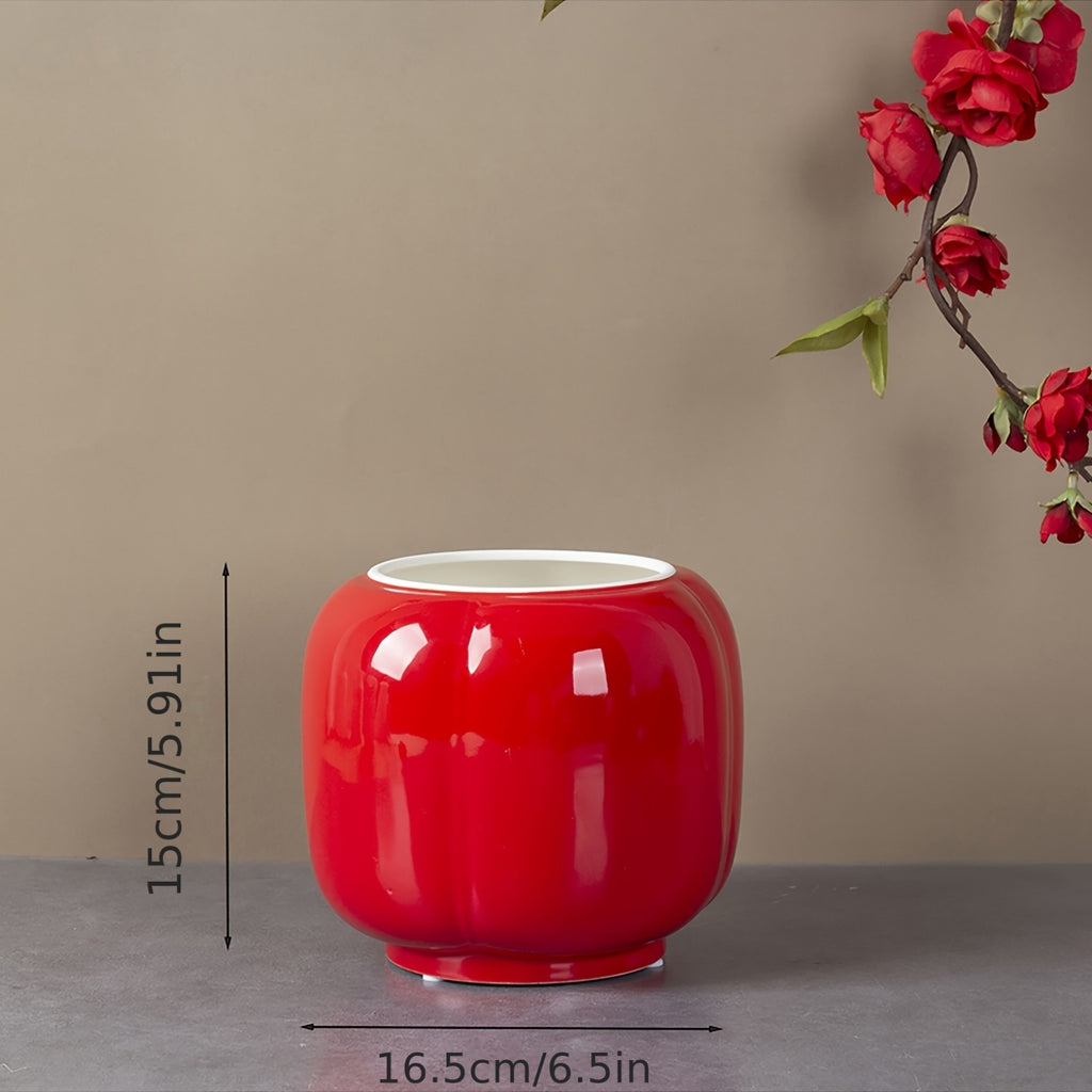 Cache-pot céramique rouge brillant Ø 17 cm forme lanterne