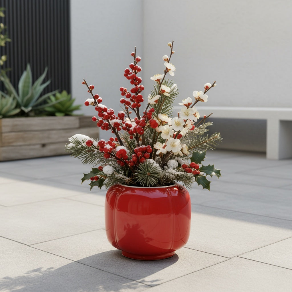 Cache-pot céramique rouge brillant Ø 17 cm forme lanterne