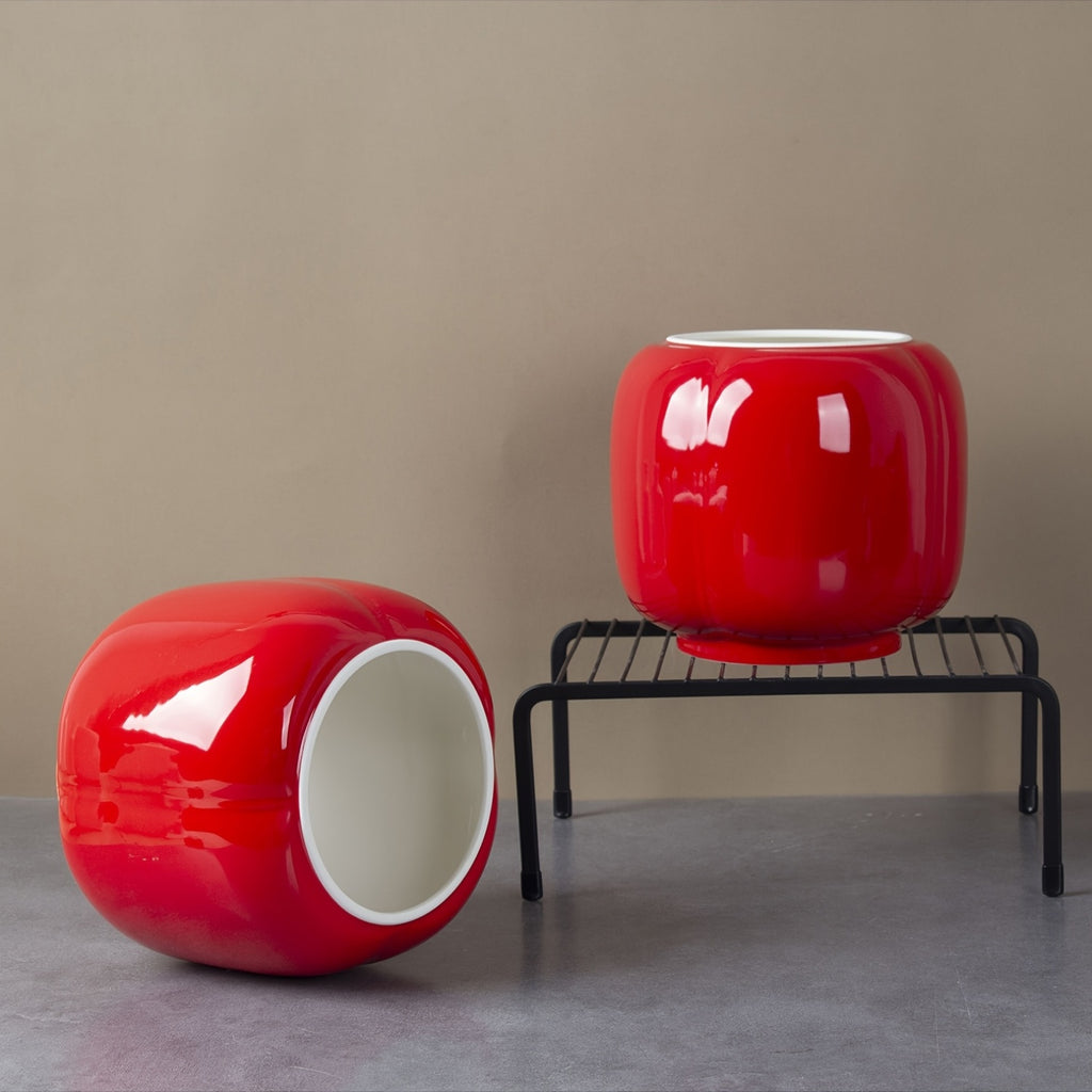 Cache-pot céramique rouge brillant Ø 17 cm forme lanterne
