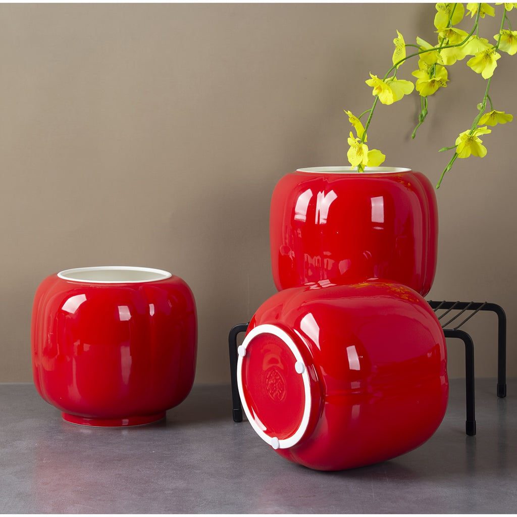 Cache-pot céramique rouge brillant Ø 17 cm forme lanterne