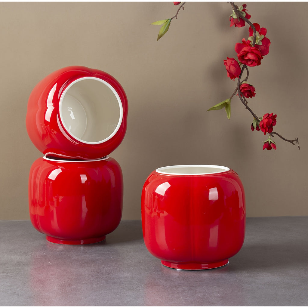 Cache-pot céramique rouge brillant Ø 17 cm forme lanterne