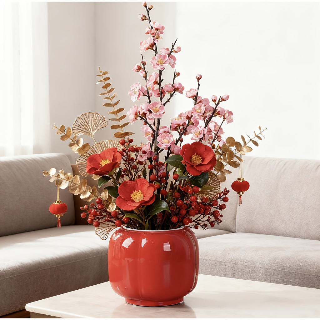 Cache-pot céramique rouge brillant Ø 17 cm forme lanterne
