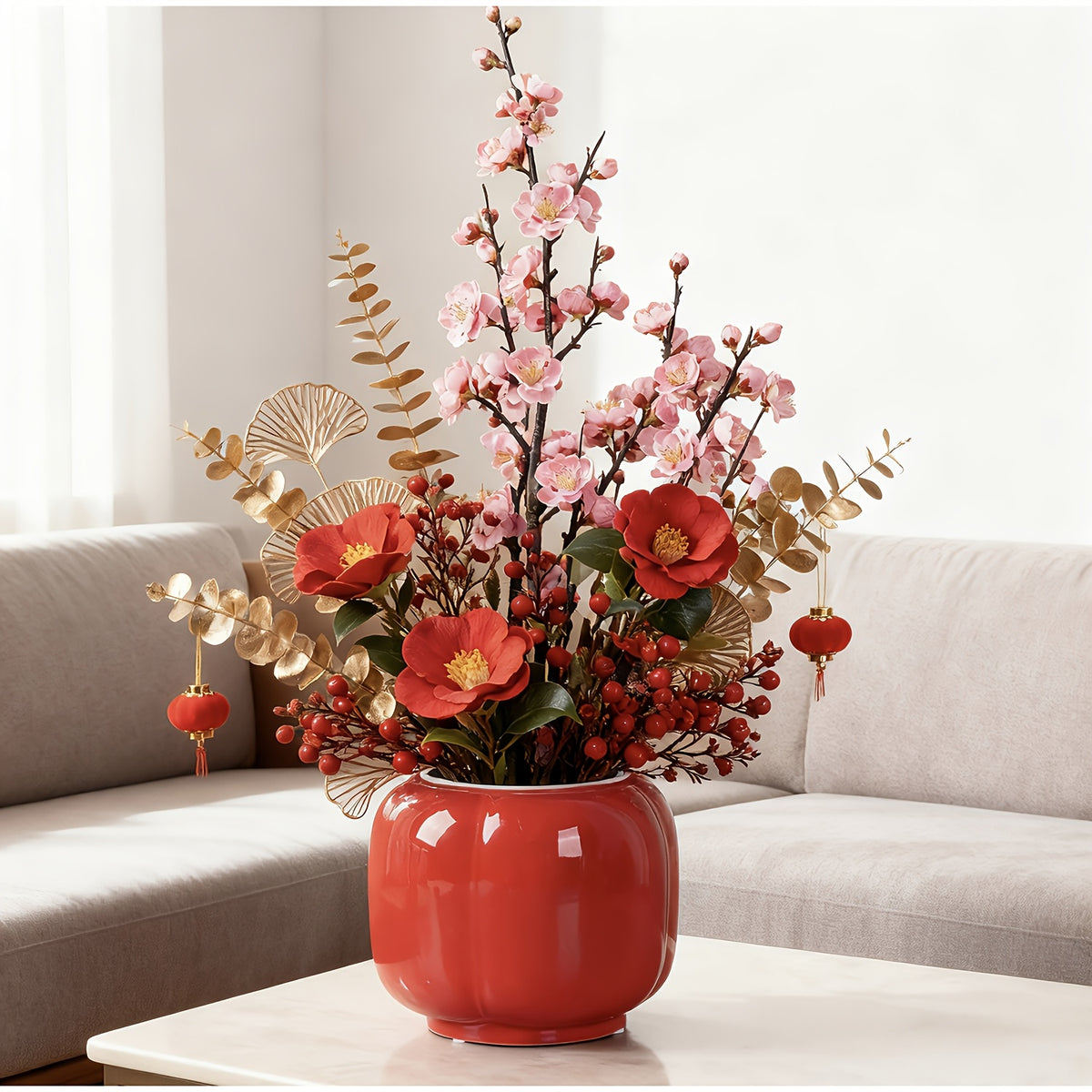 Cache-pot céramique rouge brillant Ø 17 cm forme lanterne