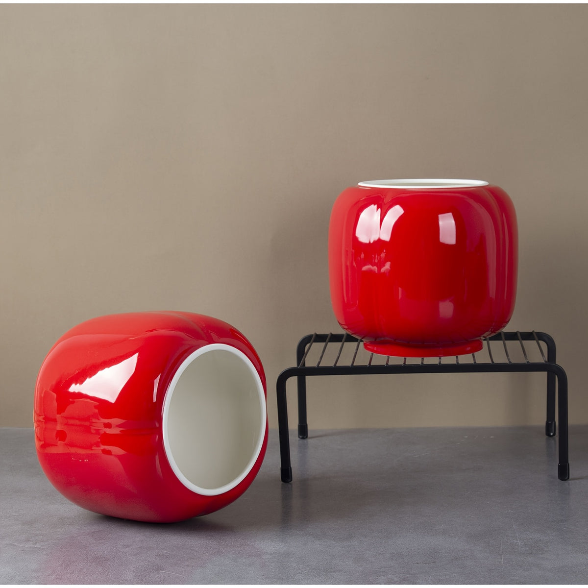 Cache-pot céramique rouge brillant Ø 17 cm forme lanterne