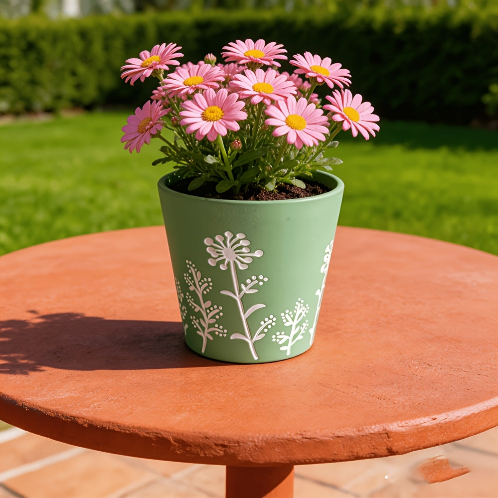 Cache-pot en céramique vert amande Ø 13 cm, décor floral