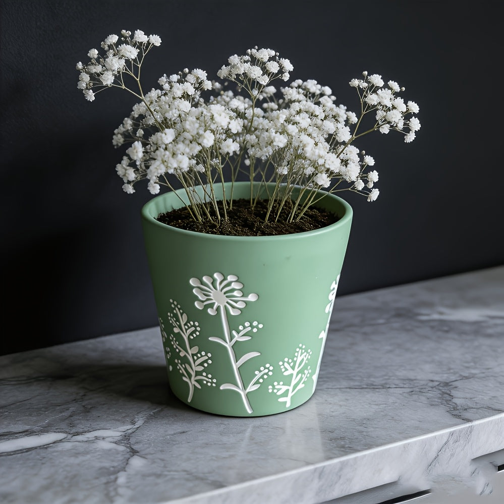 Cache-pot en céramique vert amande Ø 13 cm, décor floral