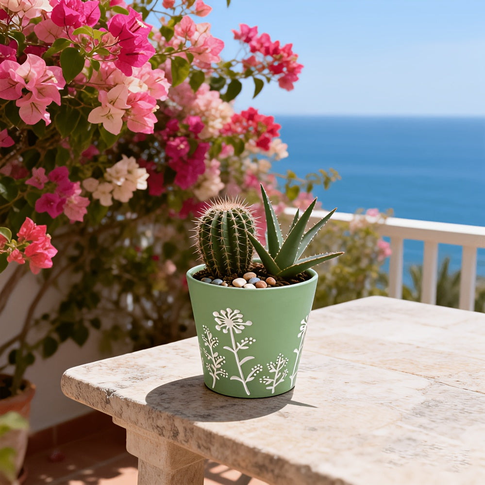 Cache-pot en céramique vert amande Ø 13 cm, décor floral