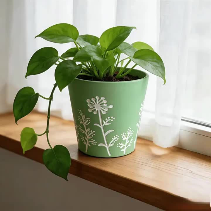 Cache-pot en céramique vert amande Ø 13 cm, décor floral