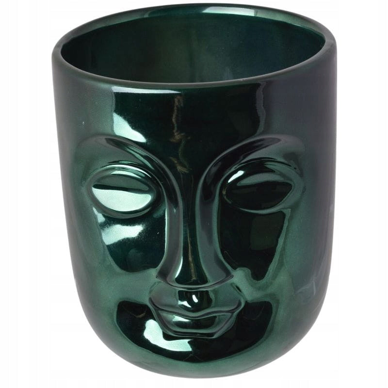 Cache-pot en céramique verte à motif visage — Ø 14 × H 17 cm