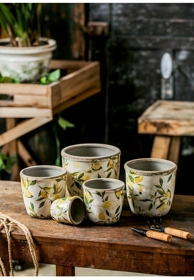 Cache-pot en céramique vintage motif citron Ø 13 ou 15 cm