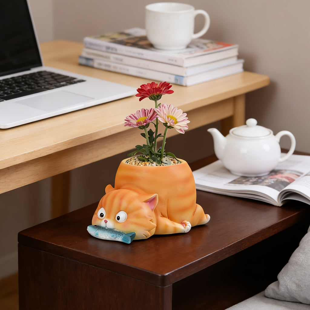 Cache-pot chat orange en résine peinte, déco originale 12 cm