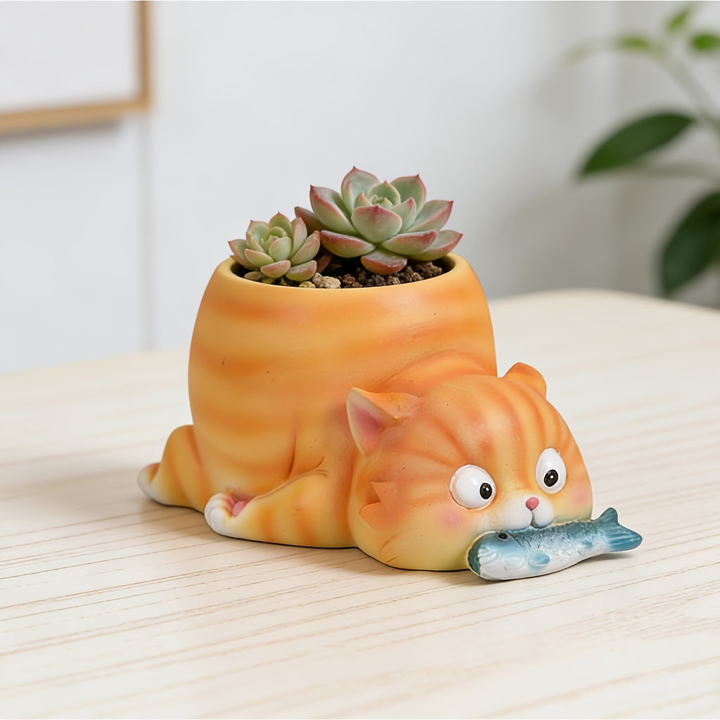 Cache-pot chat orange en résine peinte, déco originale 12 cm
