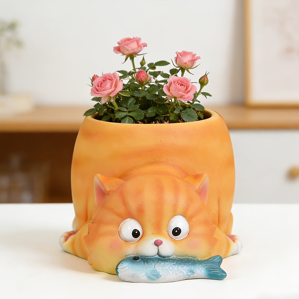 Cache-pot chat orange en résine peinte, déco originale 12 cm