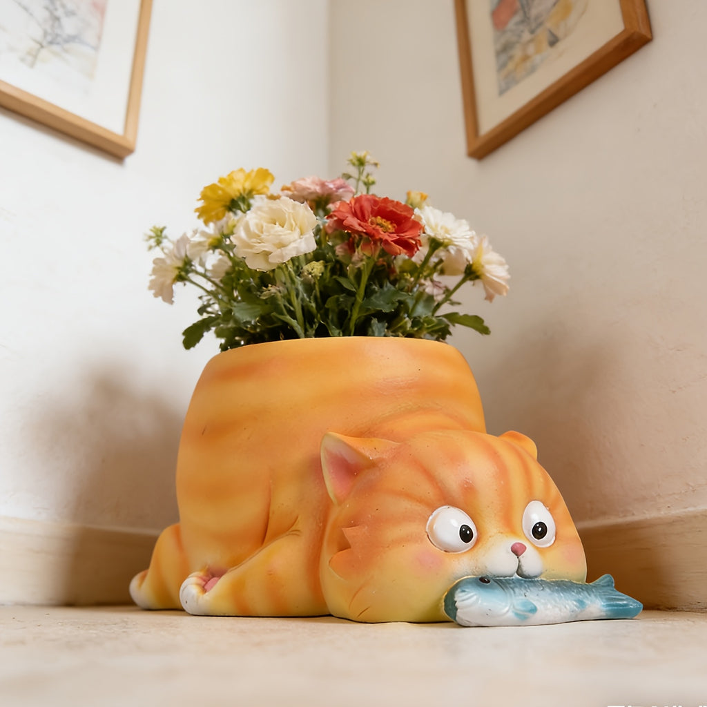 Cache-pot chat orange en résine peinte, déco originale 12 cm