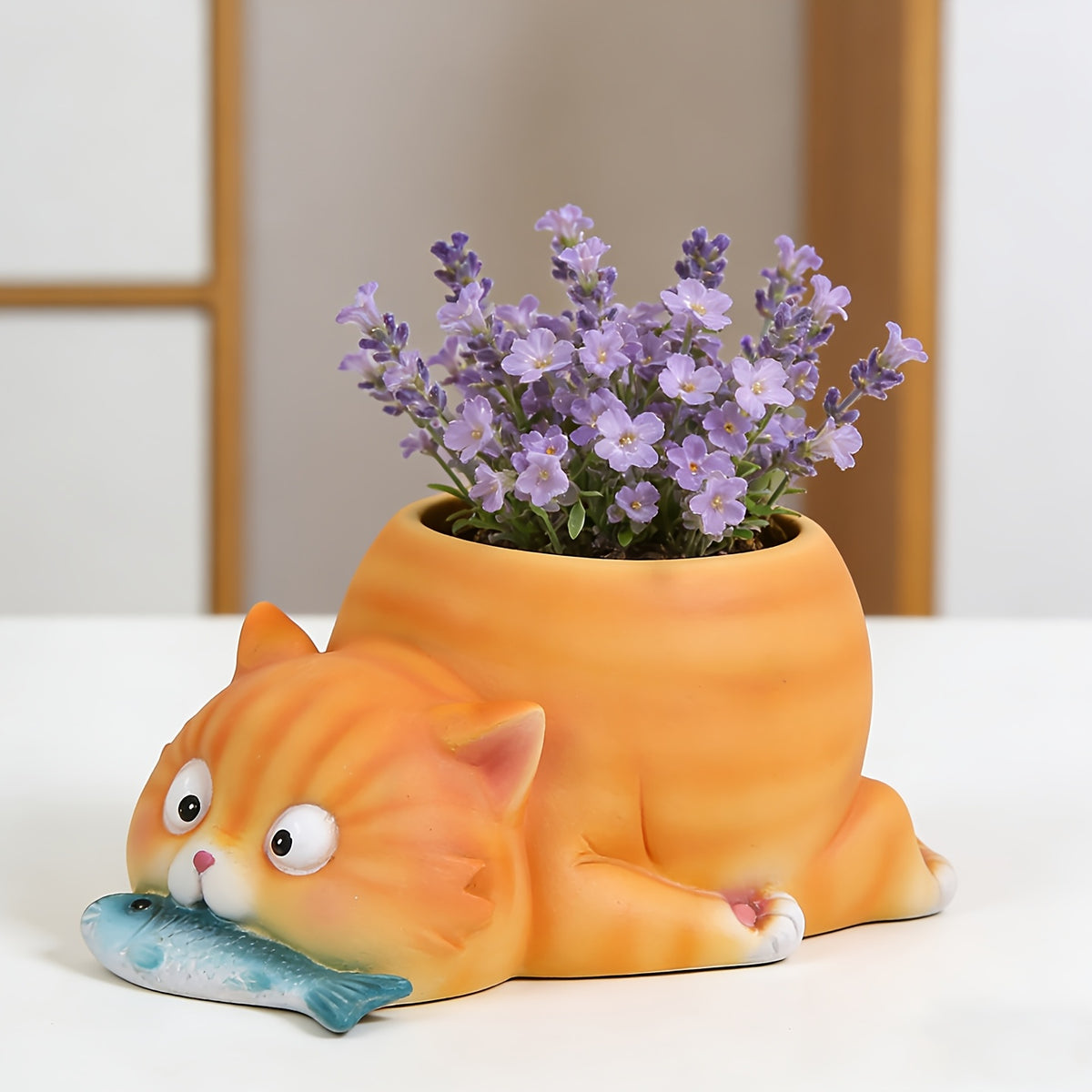 Cache-pot chat orange en résine peinte, déco originale 12 cm