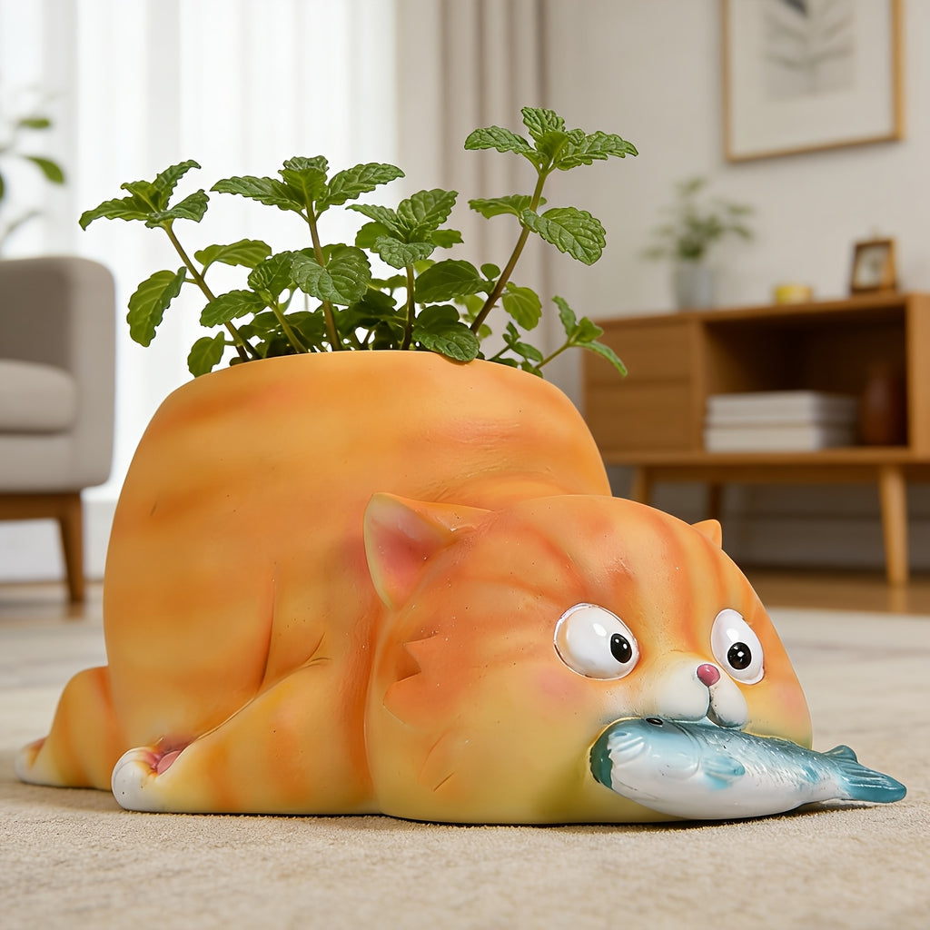 Cache-pot chat orange en résine peinte, déco originale 12 cm