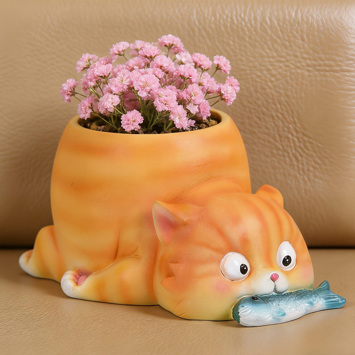 Cache-pot chat orange en résine peinte, déco originale 12 cm