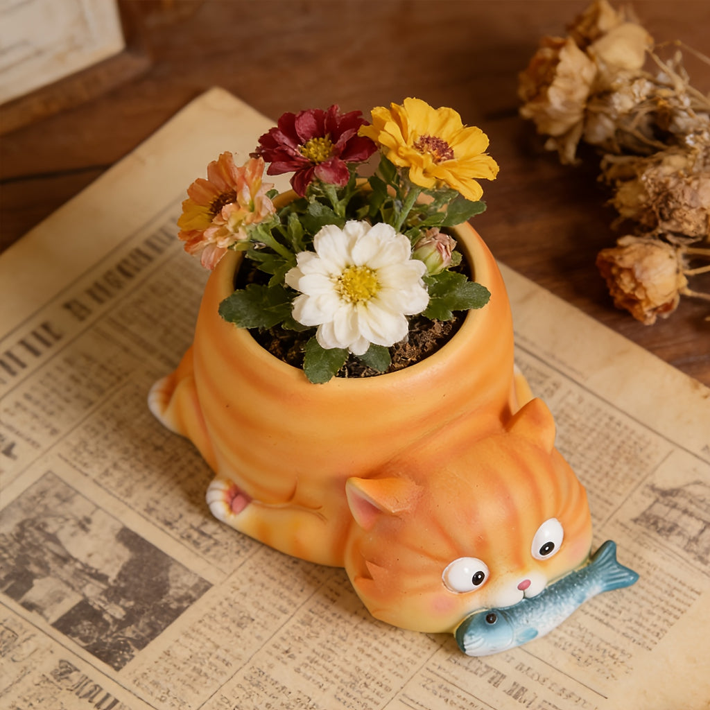 Cache-pot chat orange en résine peinte, déco originale 12 cm