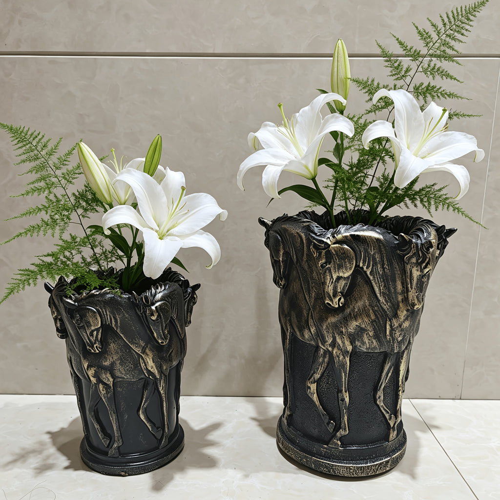 Cache-pot cheval en résine effet bronze — Noir vintage 23 cm