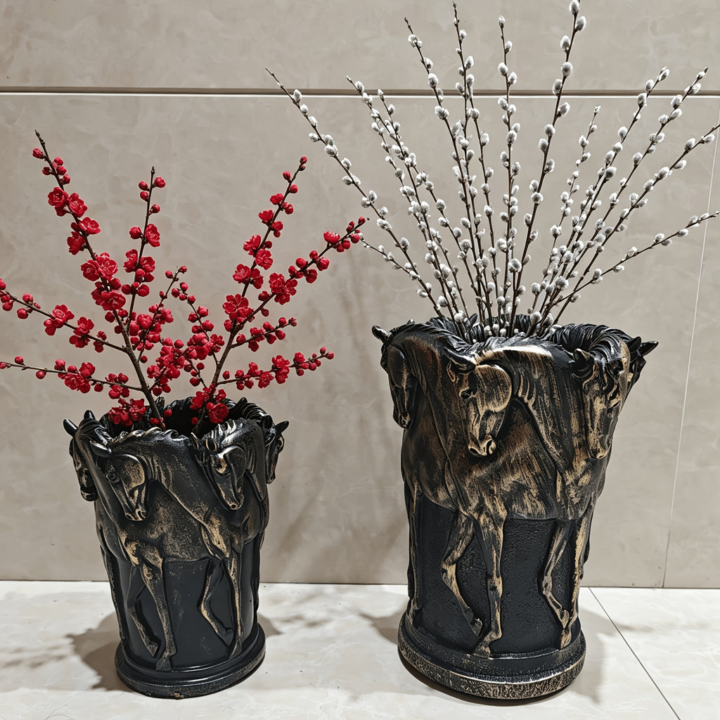 Cache-pot cheval en résine effet bronze — Noir vintage 23 cm