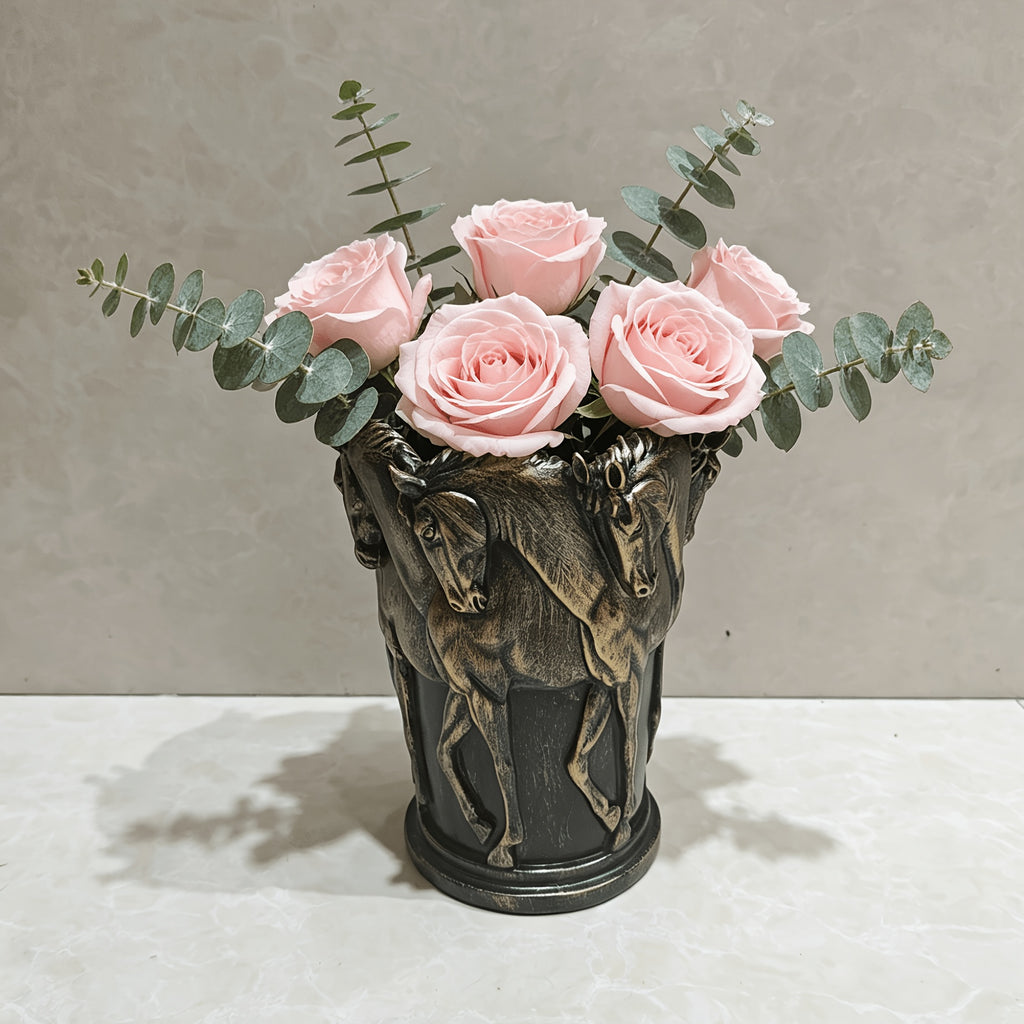 Cache-pot cheval en résine effet bronze — Noir vintage 23 cm
