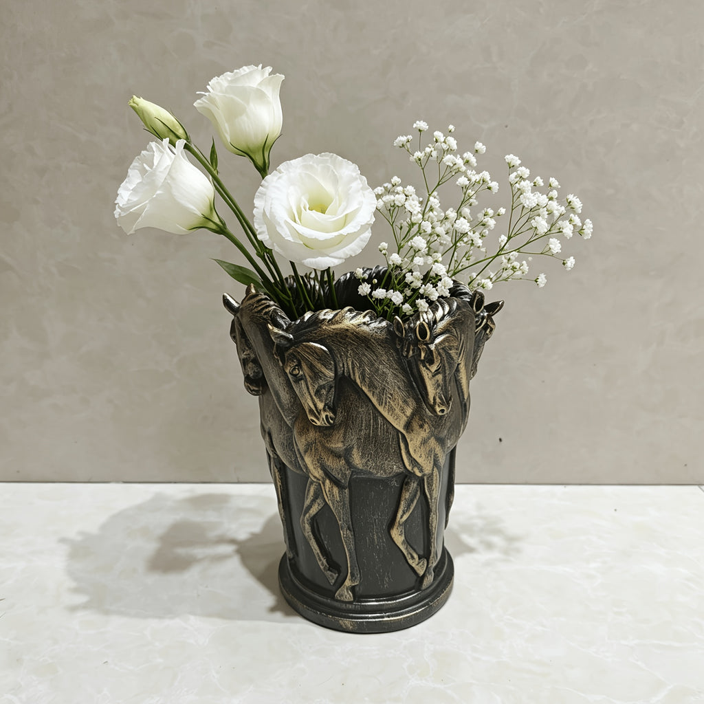 Cache-pot cheval en résine effet bronze — Noir vintage 23 cm