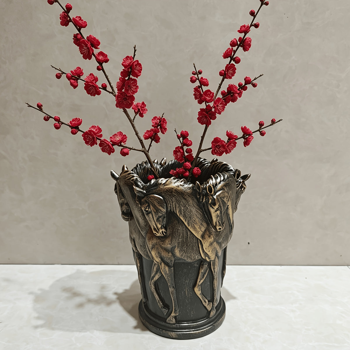 Cache-pot cheval en résine effet bronze — Noir vintage 23 cm
