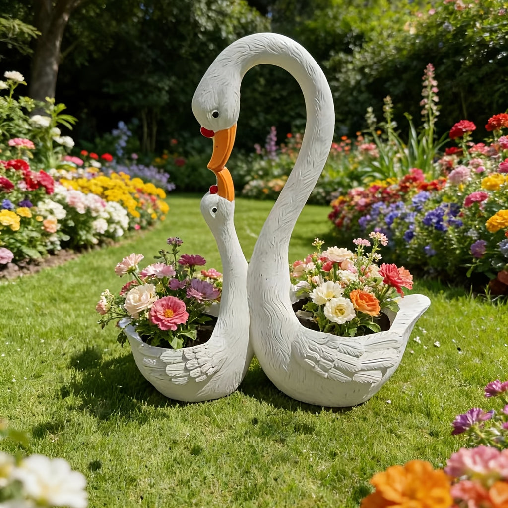 Cache-pot cygne blanc 41 cm en résine pour jardin et terrasse