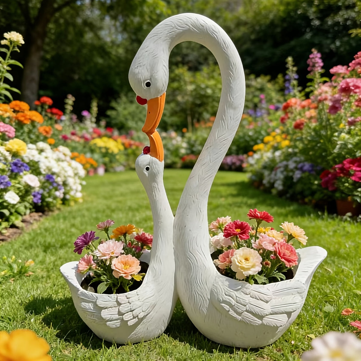 Cache-pot cygne blanc 41 cm en résine pour jardin et terrasse