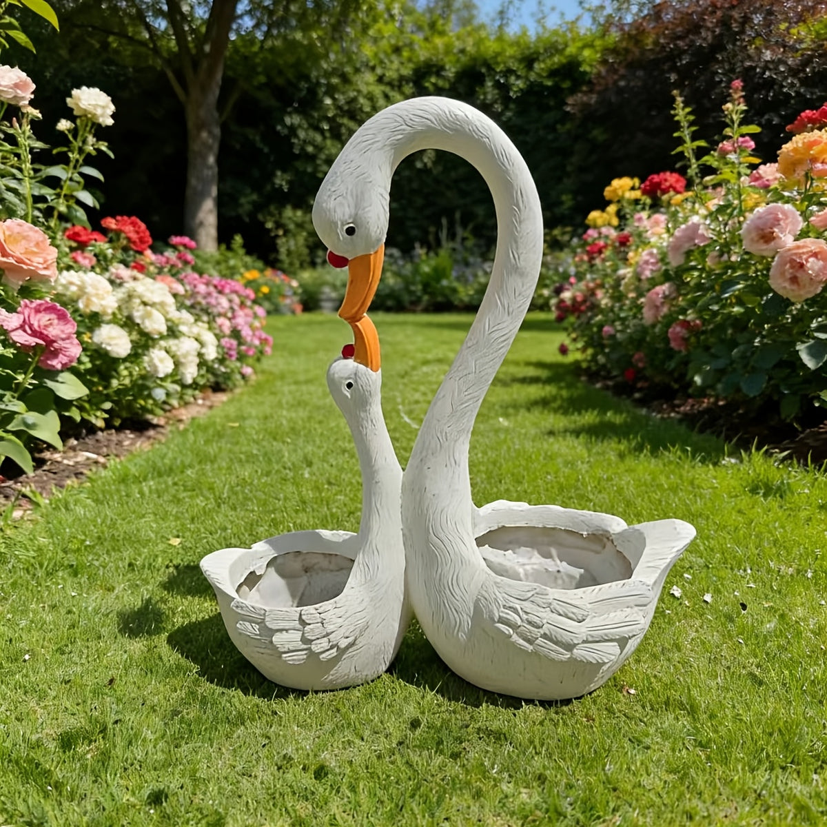 Cache-pot cygne blanc 41 cm en résine pour jardin et terrasse