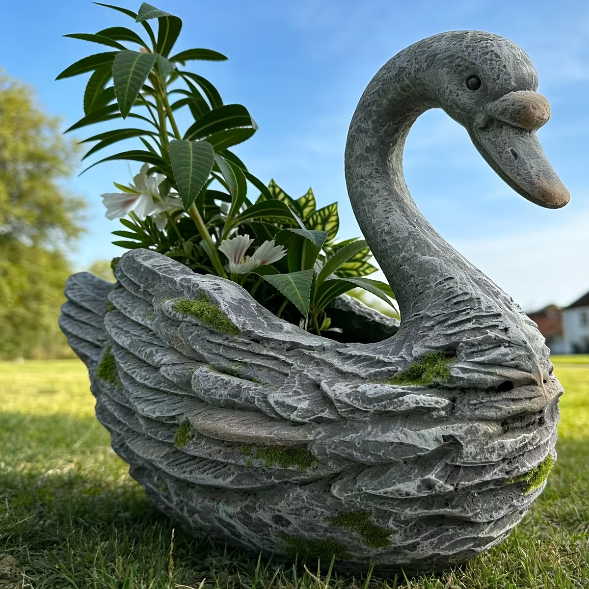 Cache-pot cygne effet pierre 40 cm pour jardin et terrasse