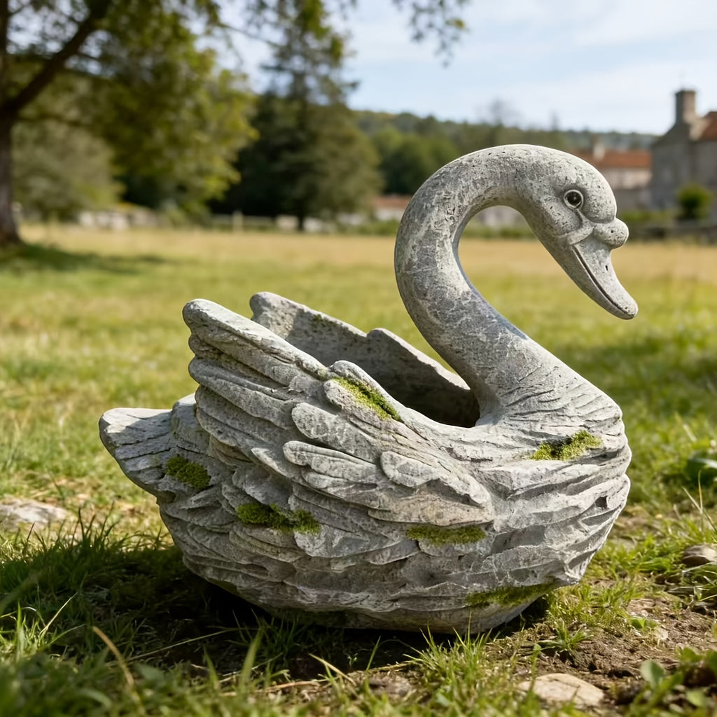 Cache-pot cygne effet pierre 40 cm pour jardin et terrasse