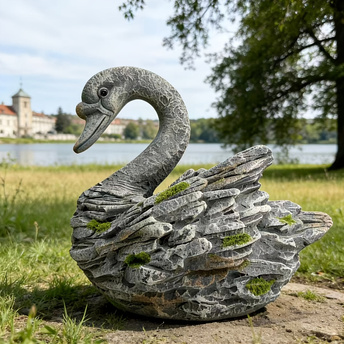 Cache-pot cygne effet pierre 40 cm pour jardin et terrasse