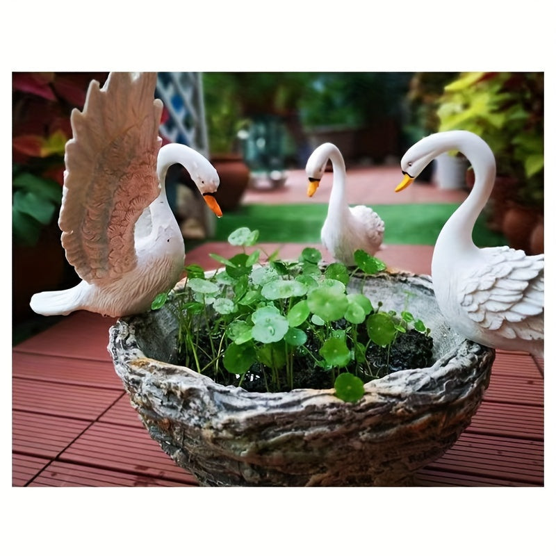 Cache-pot 3 cygnes en résine effet pierre pour jardin 45 cm