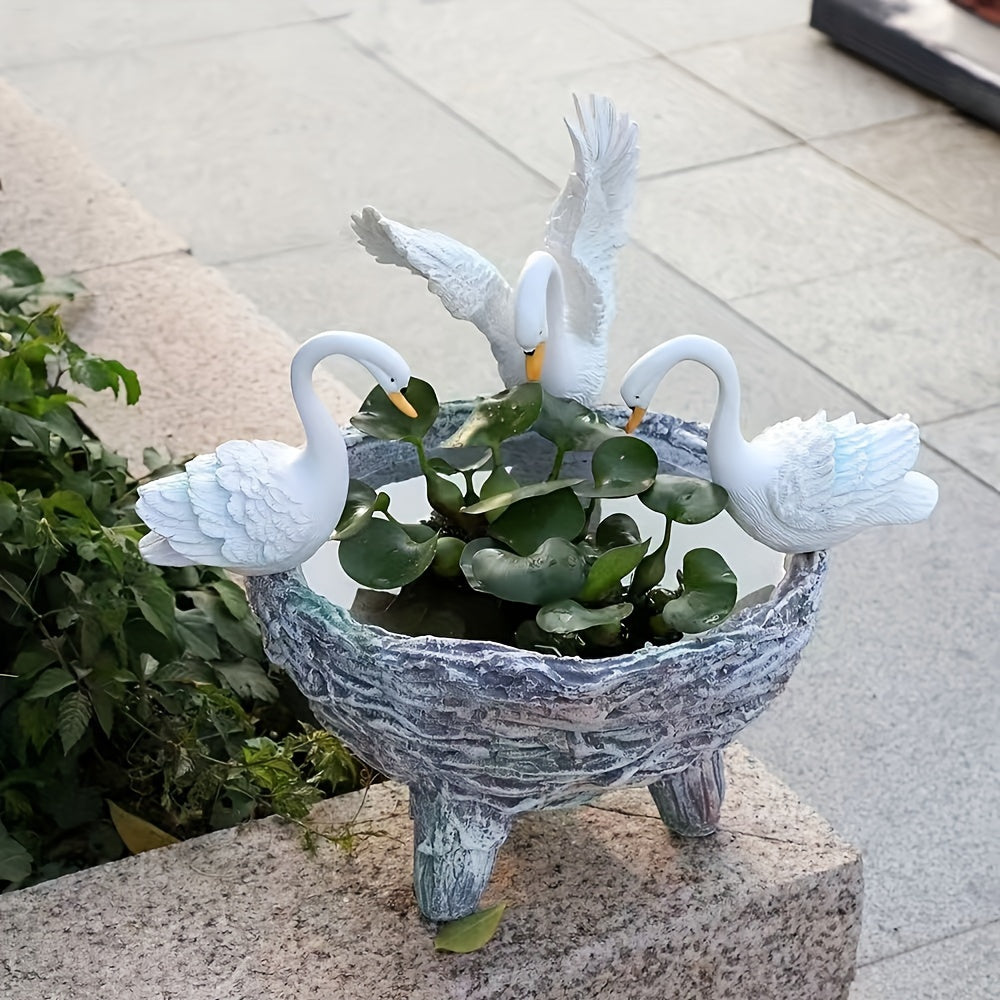 Cache-pot 3 cygnes en résine effet pierre pour jardin 45 cm