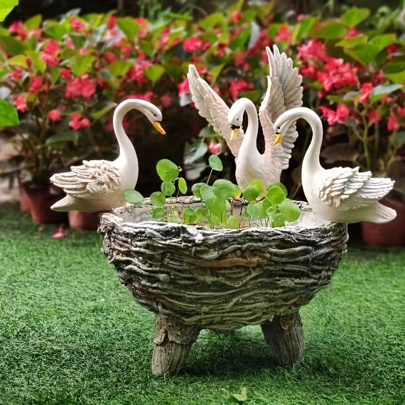 Cache-pot 3 cygnes en résine effet pierre pour jardin 45 cm