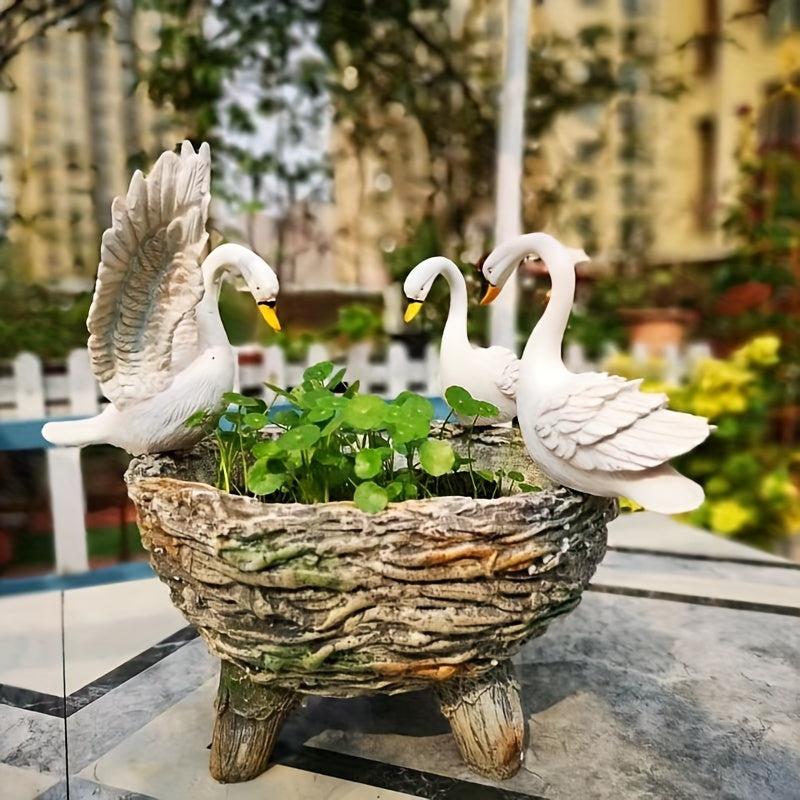Cache-pot 3 cygnes en résine effet pierre pour jardin 45 cm