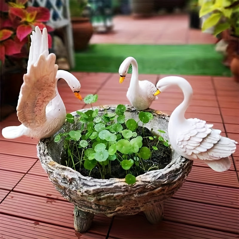 Cache-pot 3 cygnes en résine effet pierre pour jardin 45 cm
