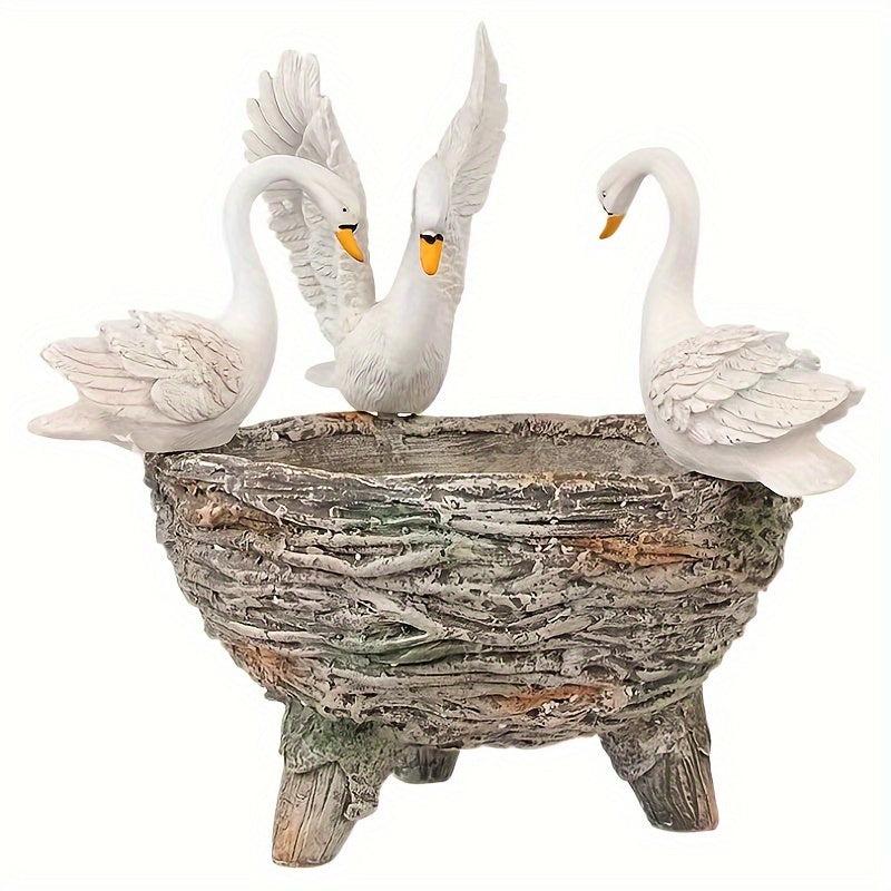 Cache-pot 3 cygnes en résine effet pierre pour jardin 45 cm