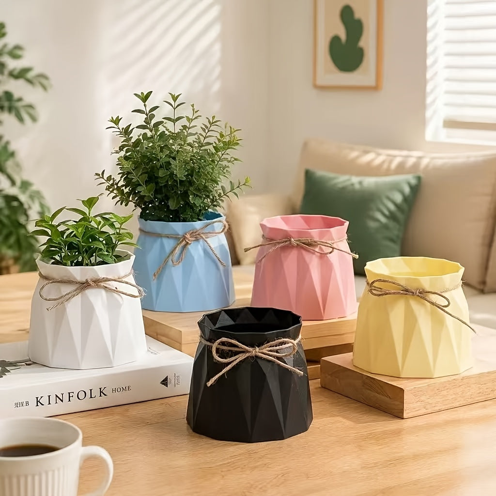 Cache-pot design à facettes Ø 10 cm noué de jute naturel