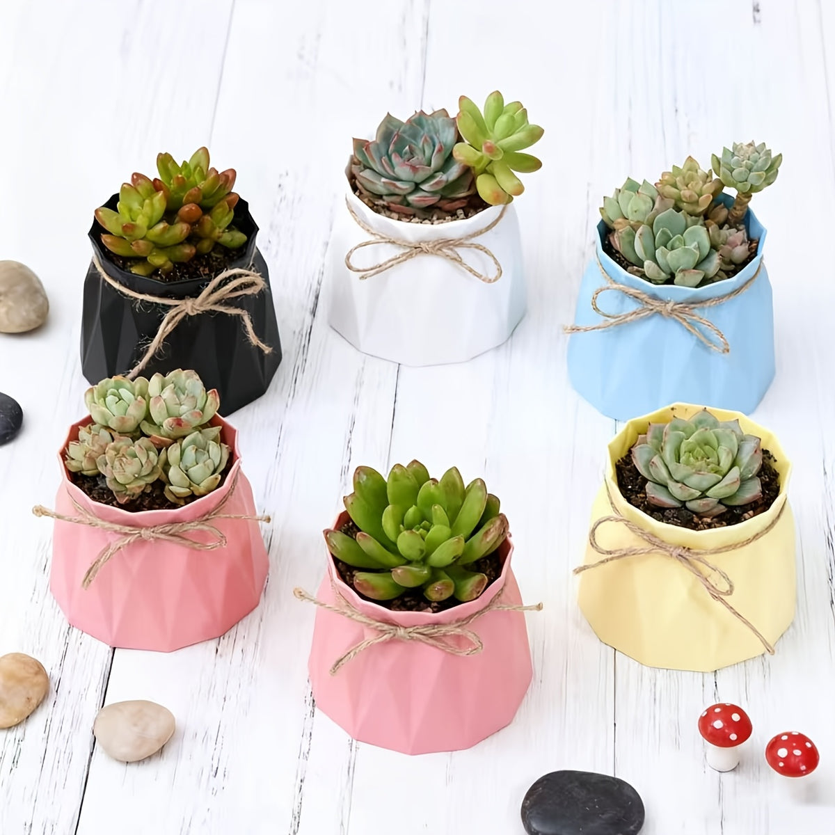 Cache-pot design à facettes Ø 10 cm noué de jute naturel