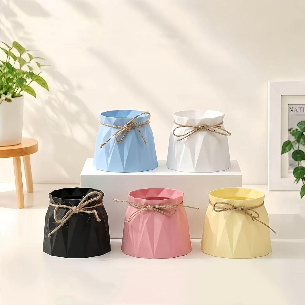 Cache-pot design à facettes Ø 10 cm noué de jute naturel