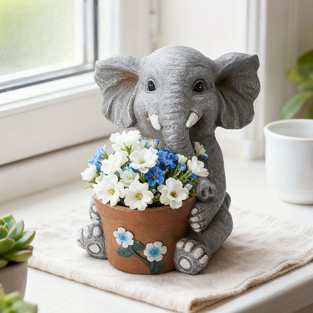 Cache-pot éléphant gris en résine — déco jardin et balcon