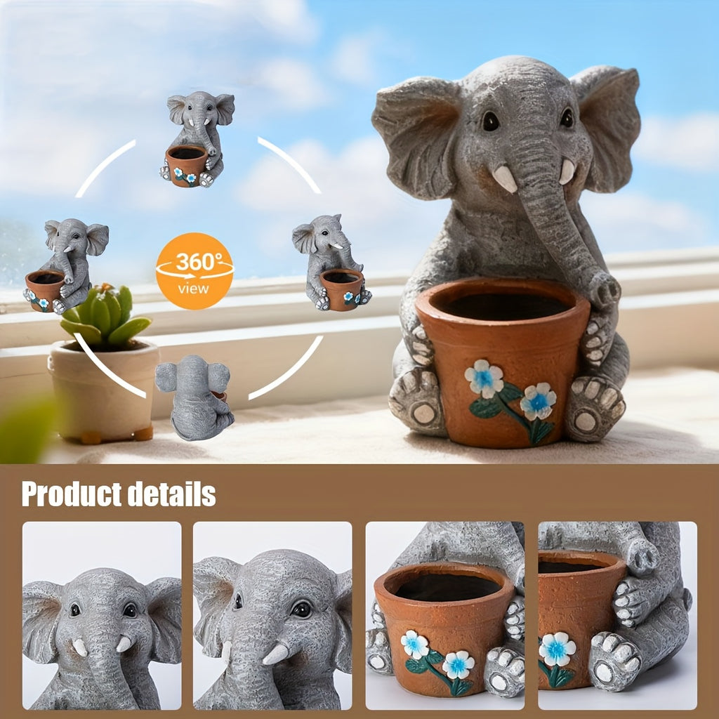 Cache-pot éléphant gris en résine — déco jardin et balcon
