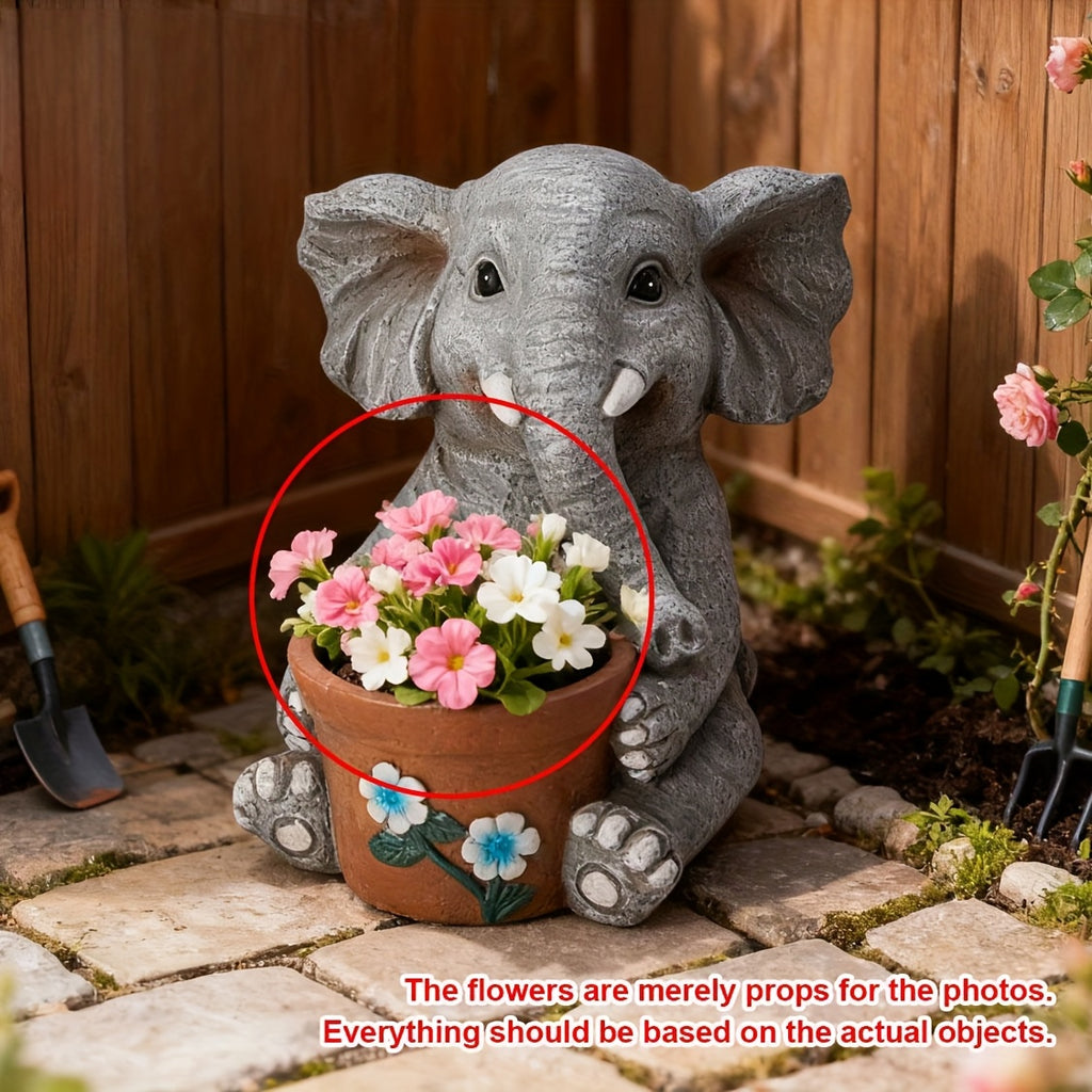 Cache-pot éléphant gris en résine — déco jardin et balcon