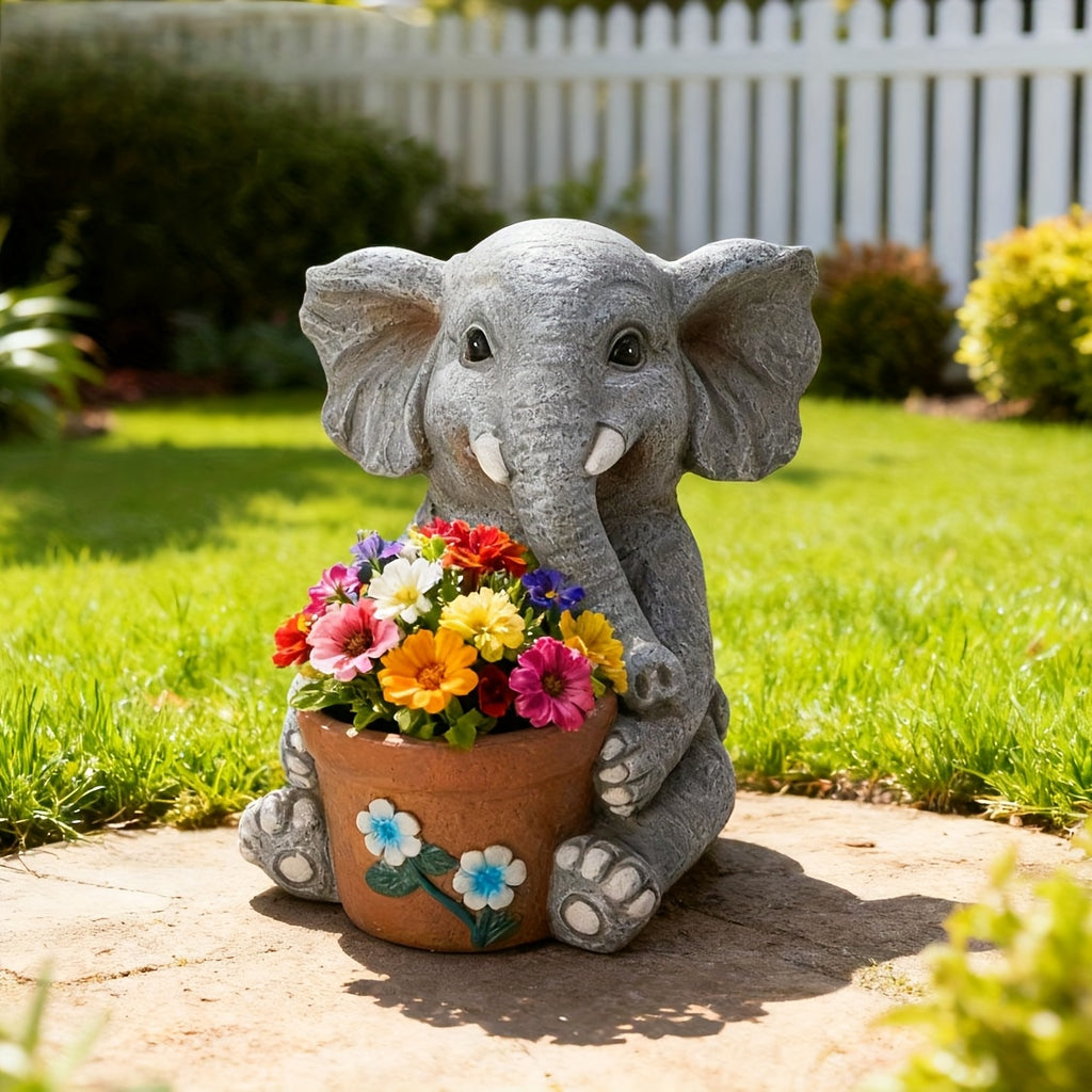 Cache-pot éléphant gris en résine — déco jardin et balcon