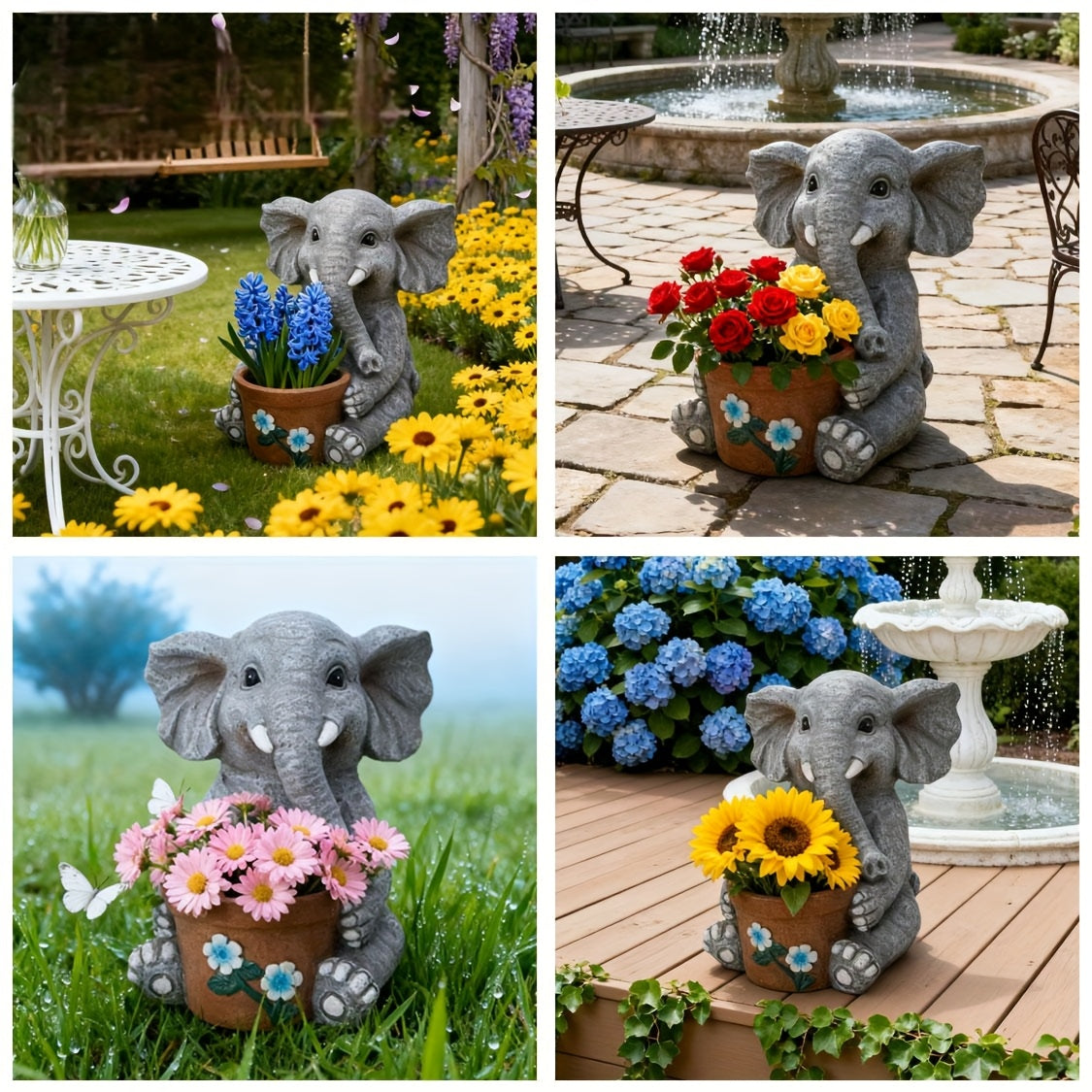 Cache-pot éléphant gris en résine — déco jardin et balcon