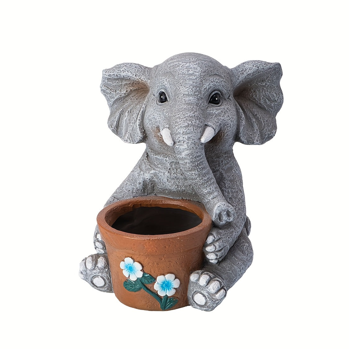 Cache-pot éléphant gris en résine — déco jardin et balcon